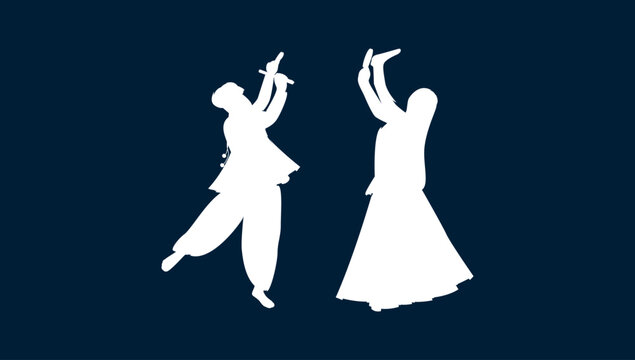 Traditional Indian Folk Dance Couple Silhouette Performing Garba and Dandiya Raas Celebration