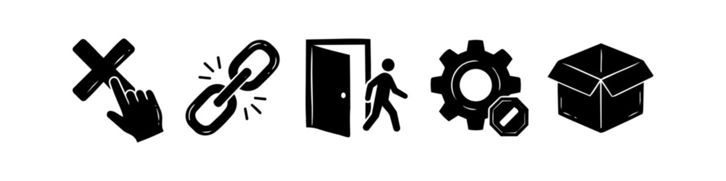 Set of hand-drawn minimalist icons featuring a click on a cross, chain links, a person exiting a door, a gear with a stop sign, and an open box. Ideal for web design and business concepts.
