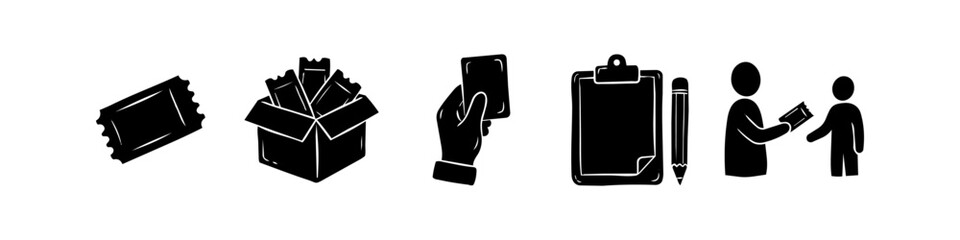 Set of black silhouette icons for event ticketing and registration, featuring tickets, a collection box, hand-held passes, check-in clipboards, and staff interaction elements on white. © Nort Kor