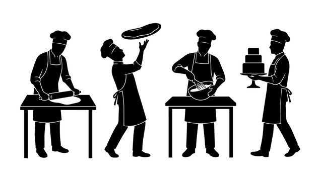 Professional Restaurant Chefs Silhouette Collection Showing Pizza Tossing Dough Rolling and Cake Decorating