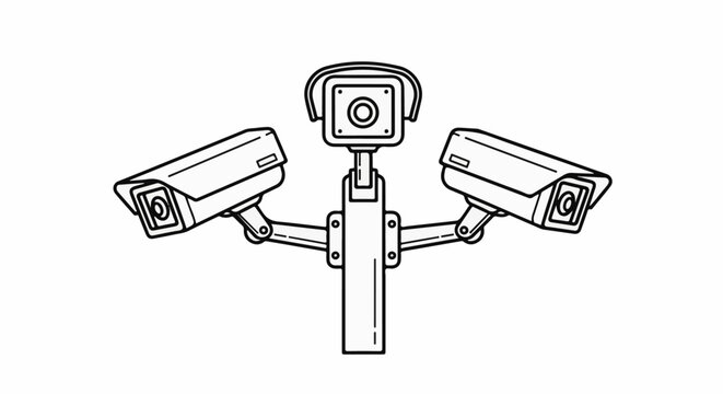 Line art illustration of three surveillance cameras mounted on a pole