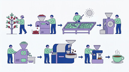 Fototapeta premium Coffee production process from tree to cup harvesting