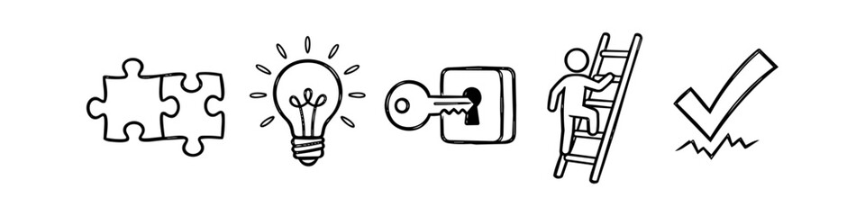 Hand-drawn doodle icons for business process and success. Includes puzzle, light bulb, key, ladder, and checkmark symbols representing strategy, ideas, solutions, and goals on white background. © Nort Kor