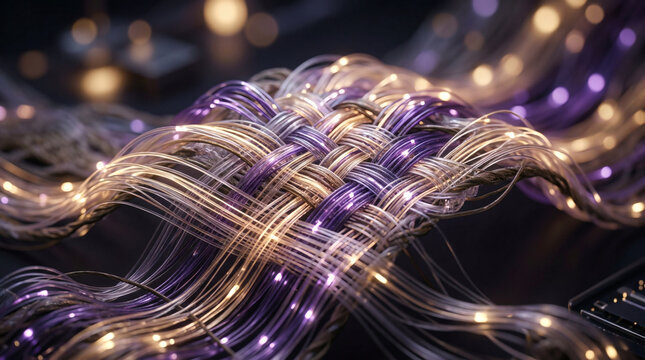 Futuristic Woven Fiber Optic Fabric with Glowing Purple and Golden Micro-LEDs, Intelligent Smart Textile Texture for High-Tech Wearable Electronics Background