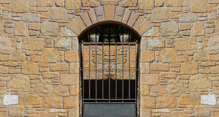 Fototapeta premium Elements of architecture of buildings, antique doors and gates with bars. On the streets in Catalonia, public places.
