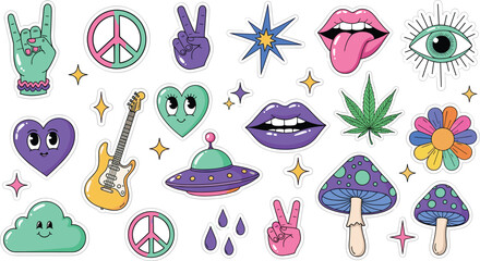 Retro Groovy Sticker Pack Vector Illustration Set with Psychedelic Hippie Peace Mushroom UFO and Pop Art Elements © MdRezaul