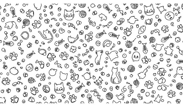Seamless Cat Pattern Black White Pet Background with Paw Yarn Fish Vector