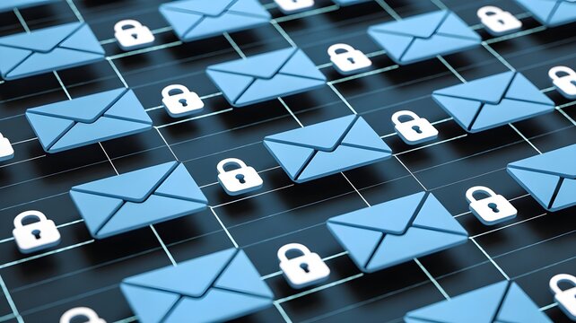 Digital communication security concept with a repeating pattern of blue email envelopes and white padlocks on a dark grid background representing secure messaging and data