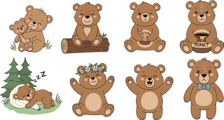 Set of Cute Bear Illustrations with Various Poses and Activities for Wildlife, Animals, and Family Designs, Vector Art © MDTaharul