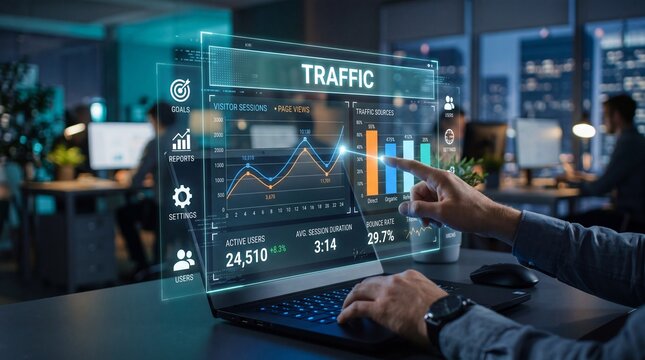 Businessman analyzing website traffic data on a laptop with a futuristic transparent screen in a modern office