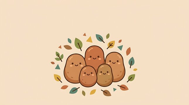 Cute potato family characters with autumn leaves character illustration together adorable