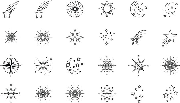 
Celestial Star Moon and Compass Outline Icon Set Vector Collection with Shooting Stars and Snowflakes