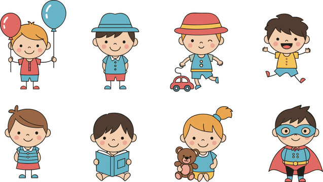 Set of Cute Children Illustrations with Balloons, Toys, Books, and Superhero Costumes for Family, Playtime, and Childhood Designs, Vector Art
