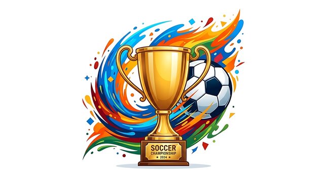 Golden soccer trophy with a soccer ball and colorful abstract background football award champion