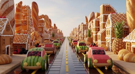 Fototapeta premium Toy cars made of food and gingerbread houses in a street with food art food sculpture whimsical