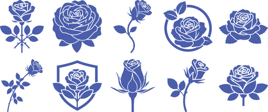 Collection of purple rose silhouettes and floral icons for decorative design and branding. Vector, illustration