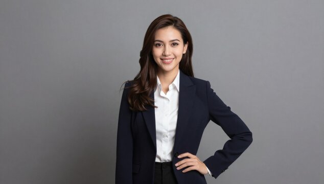 Smiling businesswoman in suit poses against a solid gray background in a studio setting