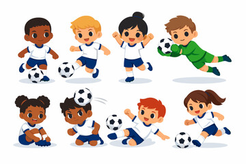Fototapeta premium Multi-Ethnic Tiny Athlete Figurines in British Sportswear Colors. Scalable Graphics of Young Children Engaging in Pitch Activities Like Passing, Shooting, and Defending the Goal Post.