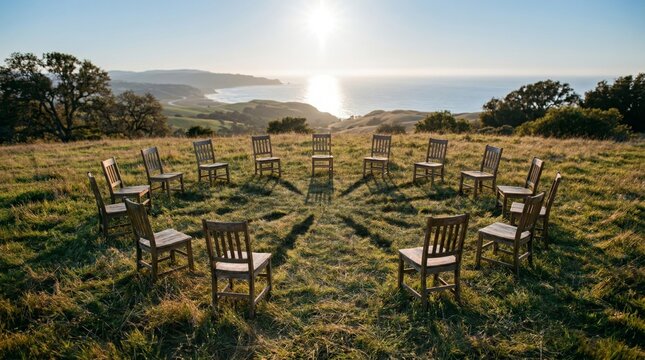 Empty chairs arranged in circle outdoors in nature for group meeting