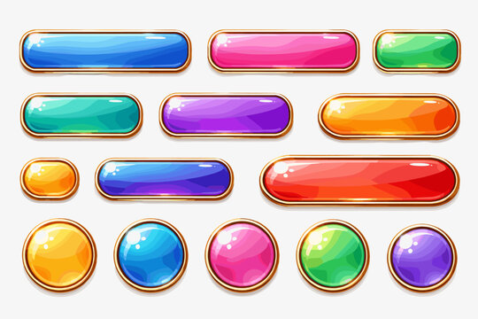 Collection of modern glossy web buttons with elegant golden frames in various colors and sizes. Perfect for user interface design, mobile apps, game assets, and website navigation elements.
