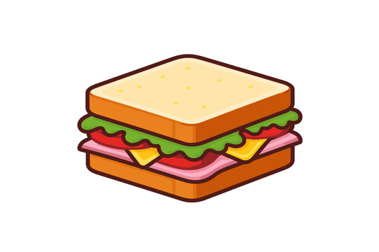 Delicious sandwich vector illustration with layers of ham, cheese, fresh lettuce, and tomato slices. Simple flat isometric icon design for food menus, snack bars, and lunch cafe branding.