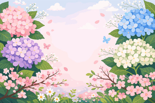 Spring background with blooming hydrangea flowers in pink, blue, and purple, cherry blossom branches, butterflies, and soft clouds on a pastel sky. Ideal for greeting cards, invitations, and posters.