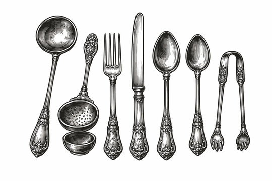 Vintage Silverware Collection in Monochrome Woodcut Style Featuring Ladle, Tea Strainer, Fork, Knife, Spoons, and Sugar Tongs. Antique Engraved Cutlery Set Illustration for Kitchen Decor and Menu.