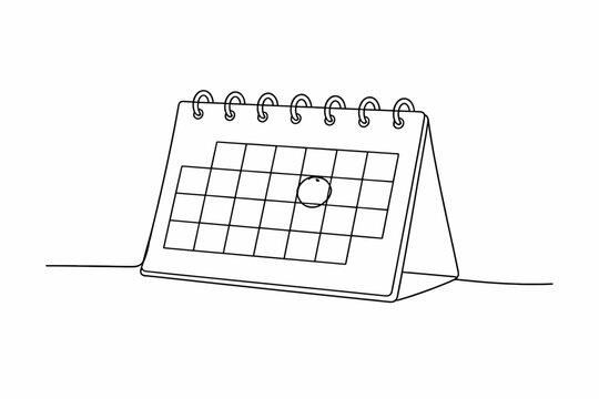 Minimalist Continuous Line Drawing of a Desk Calendar with Spiral Binding and Circled Date for Planning, Scheduling, and Time Management, Simple Black Outline Vector Illustration for Office.
