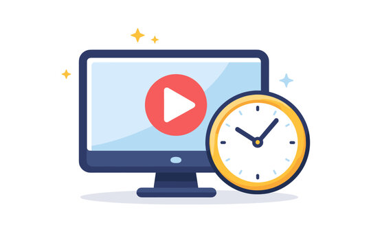 Watch Time Concept Vector Illustration Featuring a Computer Monitor with a Play Button and a Clock Icon, Ideal for Video Streaming, Online Education, Media Duration, and Time Management Content.
