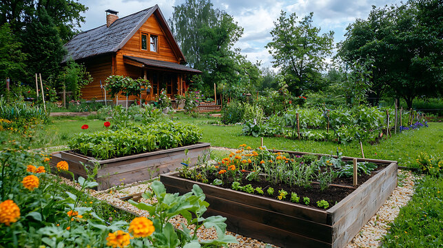 Beautiful Wooden Cabin Surrounded by a Lush Vegetable Garden and Blooming Flowers.