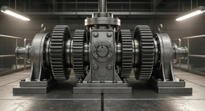 A large industrial gear system sits on a metal floor in a dimly lit factory with heavy machinery around.