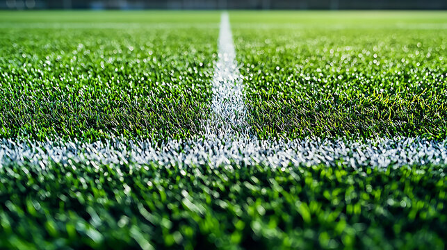Closeup of a vibrant green soccer field with a white line marking the boundary showcasing the texture of the artificial turf under natural sunlight.
