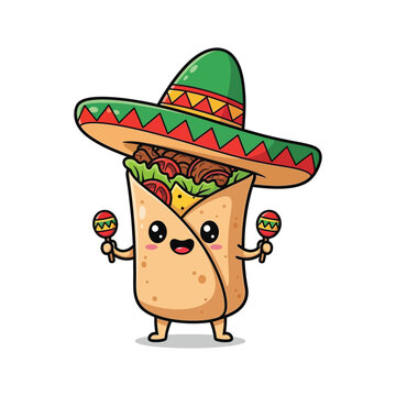 Cute cartoon taco celebrating cinco de mayo with maracas festive mexican holiday