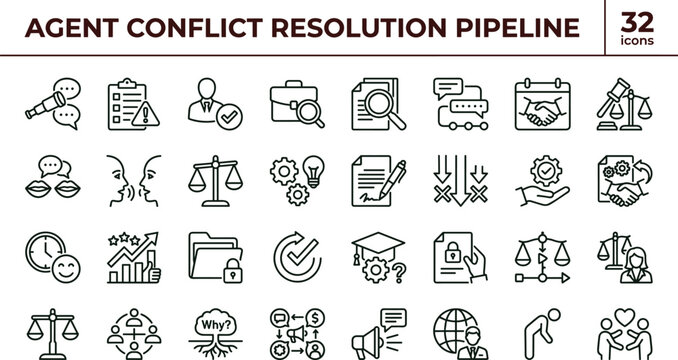 Agent conflict resolution pipeline icon set illustrating negotiation mediation agreement communication collaboration decision management workflow outline vector symbols