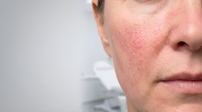 Close up of adult female face with Rosacea skin condition, chronic redness and couperose on cheeks