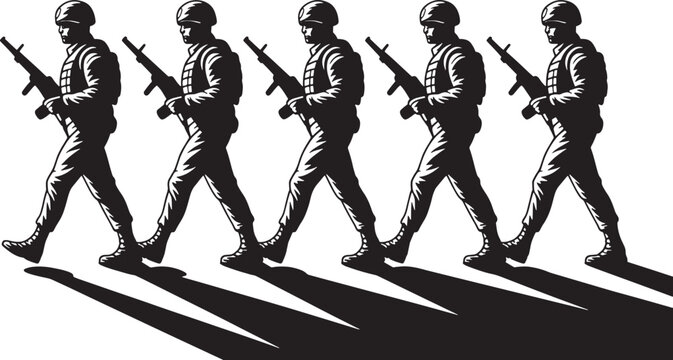A disciplined formation of armed soldiers marches forward in a determined stride