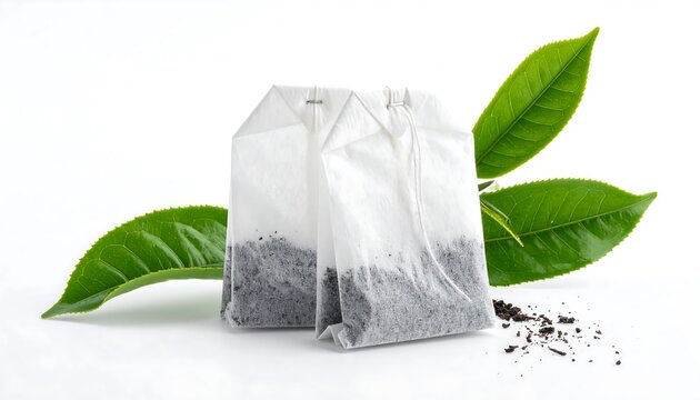 Two paper tea bags stand upright with leaves, tea specks are visible