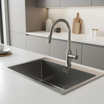 Modern kitchen sink and contemporary brushed metal faucet installed on a white countertop