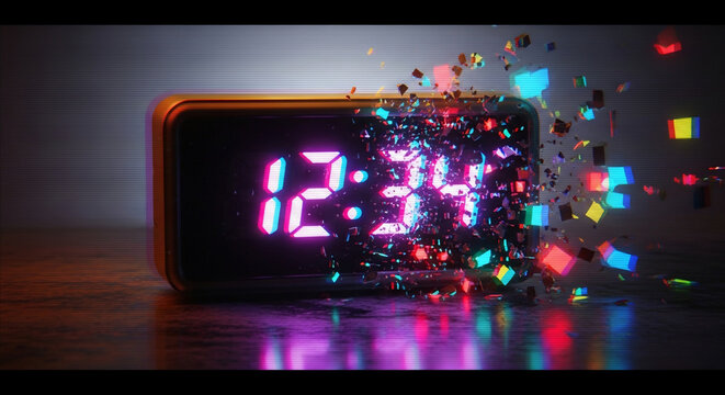 Digital Clock Exploding into Colorful Fragments.
