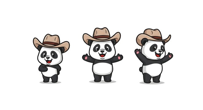 Cute pandas wearing cowboy hats, playful characters in a fun, cartoonish illustration with a white background