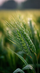 Fototapeta premium Close up of green wheat ear with dew drops in field, morning sunlight, natural agriculture, fresh and vibrant atmosphere