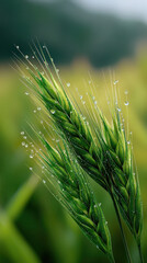 Fototapeta premium Green wheat ear close up dew water drop nature agriculture field plant fresh growth Close up of green wheat ears with dew drops fresh and vibrant
