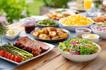 Fototapeta premium Outdoor feast with grilled vegetables, fresh salad, and roasted meat on a sunny day