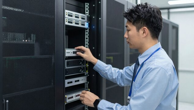 Technician inspecting and maintaining servers in a data center, ensuring optimal performance