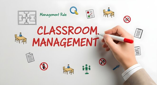 classroom management concept with hand holding marker and educational icons