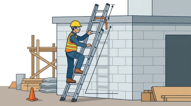 Worker Using Ladder at a Construction Site Focusing on Safety Measures During Building Tasks in Daylight