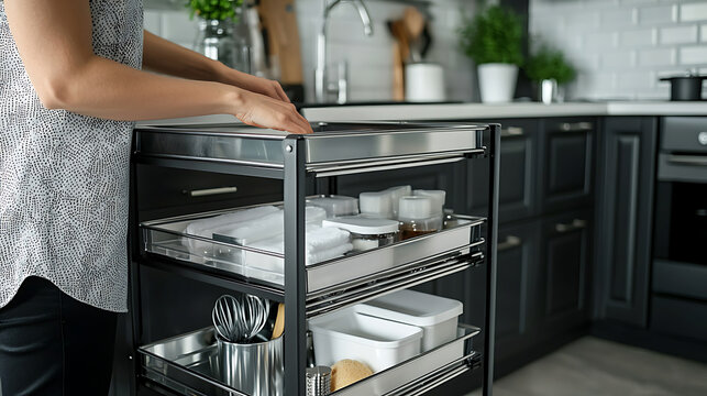 Modern Kitchen Organization with PullOut Drawers and Utensils.