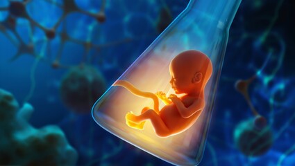 Naklejka premium A highly detailed and realistic of a fetus in a test tube, representing IVF technology and medical advancements in reproductive health and fertility treatments.
