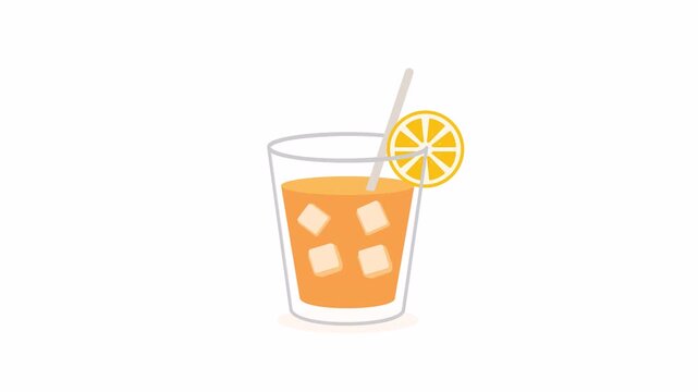Fresh orange juice glass with ice animation, smooth 2D motion, clean flat style, refreshing drink, alpha channel
