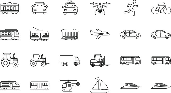 Transportation and vehicle line icons set with cars, trains, trucks, aircraft and mobility symbols isolated on white background for travel and logistics design concepts